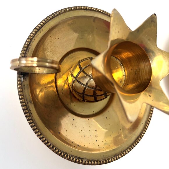 Vintage Pair Brass Pineapple Candle Stick Holder Chamberstick with Finger Ring - Picture 4 of 9